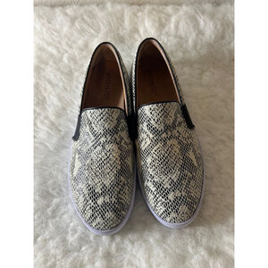 Vionic Snake Print Slip-On Flats in Black and Cream